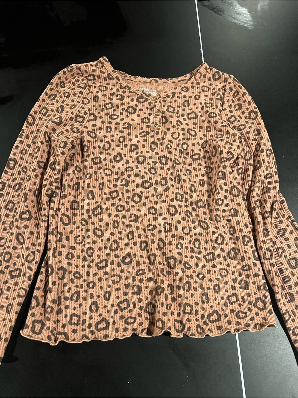 Cat & Jack Girls' Long Sleeve Leopard Print Ribbed Top - Tan & Brown